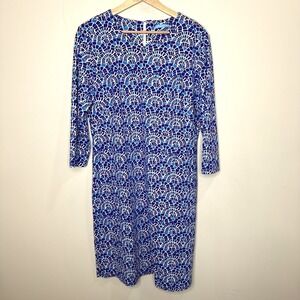J McLaughlin Catalina Cloth Shift Dress XL Blue Geometric Stretch Quiet Luxury